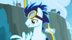 Size: 1280x720 | Tagged: safe, screencap, soarin', pegasus, pony, g4, rainbow falls, goggles, male, solo, stallion