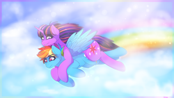 Size: 3840x2160 | Tagged: safe, artist:aaa-its-spook, rainbow dash, twilight sparkle, pegasus, pony, unicorn, g4, cloud, duo, female, flying, high res, lesbian, ponies riding ponies, rainbow, riding, ship:twidash, shipping, sky, twilight riding rainbow dash, unicorn twilight