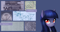 Size: 3000x1600 | Tagged: safe, artist:leffenkitty, editor:kopaleo, oc, oc only, oc:cosmia nebula, pony, astronomy, logarithm, map, math, mechanical calculator, moodboard, moon, orrery, solo