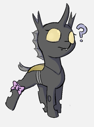 Size: 435x588 | Tagged: safe, artist:heretichesh, oc, oc only, oc:konica, changeling, nymph, bow, female, filly, question mark, solo, yellow changeling