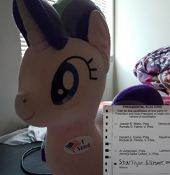 Size: 682x703 | Tagged: safe, starlight glimmer, pony, unicorn, g4, 2020 election, election, i voted sticker, irl, photo, plushie, solo, sticker, united states, vote