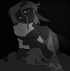 Size: 1856x1884 | Tagged: safe, artist:smirk, queen chrysalis, changeling, changeling queen, g4, black and white, blanket, bucktooth, crown, drool, female, grayscale, hug, jewelry, monochrome, pillow, pillow hug, regalia, sleepy, solo