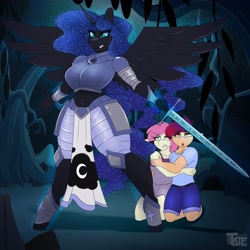 Size: 4096x4096 | Tagged: safe, artist:tatemil, nightmare moon, oc, anthro, unguligrade anthro, g4, armor, breasts, everfree forest, female, filly, halloween, holiday, mama bear, nicemare moon, nightmare night, protecting, sword, thick, weapon