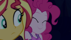 Size: 1920x1080 | Tagged: safe, screencap, pinkie pie, sunset shimmer, equestria girls, equestria girls specials, g4, my little pony equestria girls: better together, my little pony equestria girls: sunset's backstage pass, ^^, clothes, cute, diapinkes, dress, eyes closed, female, forest, forest background, night, pajamas, sleeveless, sleeveless dress, smiling
