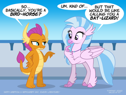 Size: 1200x900 | Tagged: safe, artist:tim-kangaroo, silverstream, smolder, dragon, hippogriff, equestria daily, g4, dialogue, duo, duo female, female, pointing, smiling, speech bubble
