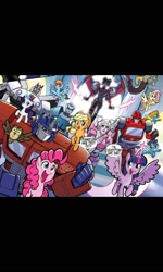 Size: 1200x2000 | Tagged: safe, artist:tonyfleecs, applejack, discord, fluttershy, owlowiscious, pinkie pie, rainbow dash, rarity, soarin', spitfire, twilight sparkle, alicorn, pony, unicorn, g4, idw, spoiler:friendship in disguise, spoiler:friendship in disguise04, arcee, autobot, clash of hasbro's titans, clothes, comic, gauge (autobot), ironhide, mane six, optimus prime, prowl, transformers, twilight sparkle (alicorn), uniform, windblade, wonderbolts uniform