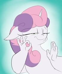 Size: 1280x1536 | Tagged: safe, artist:rocket-lawnchair, sweetie belle, unicorn, anthro, g4, female, filly, gradient background, meme, pacha, ponified meme, reaction image, solo, suddenly hands, the emperor's new groove, when x just right