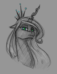 Size: 500x650 | Tagged: safe, artist:stray prey, queen chrysalis, changeling, changeling queen, g4, bust, crown, female, gray background, jewelry, monochrome, partial color, regalia, simple background, sketch, solo