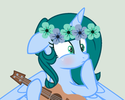 Size: 894x720 | Tagged: safe, artist:lominicinfinity, oc, oc only, oc:infinity mi rosalinda, alicorn, pony, base used, female, floral head wreath, flower, guitar, mare, musical instrument, simple background, solo
