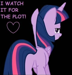 Size: 562x583 | Tagged: safe, derpibooru exclusive, edit, edited screencap, editor:twilyisbestpone, screencap, twilight sparkle, alicorn, pony, g4, the one where pinkie pie knows, bedroom eyes, black background, butt, caption, comic sans, featureless crotch, female, heart, i watch it for the plot, looking at you, looking back, looking back at you, mare, plot, seductive, seductive look, sexy, simple background, smiling, solo, stupid sexy twilight, twibutt, twilight sparkle (alicorn)