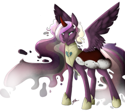 Size: 989x879 | Tagged: safe, artist:kohikurima, king sombra, princess cadance, alicorn, pony, umbrum, g4, armor, bevor, broken, chestplate, clothes, colored horn, criniere, croupiere, crystal heart, cuirass, curved horn, dark magic, fauld, female, fusion, fusion:queen sombra cadenza, gorget, hoof shoes, horn, jewelry, magic, mare, peytral, plackart, regalia, shattered, shoes, simple background, solo, sombra eyes, sombra horn, sombra's cape, sombra's horn, sombra's robe, transparent background, wavy mane