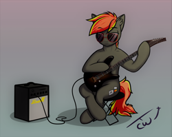 Size: 2982x2368 | Tagged: safe, artist:colourwave, oc, oc only, oc:deafjaeger, earth pony, pony, semi-anthro, arm hooves, cyber eyes, earth pony oc, gift art, glasses, guitar, happy birthday!, high res, male, musical instrument, sitting, solo