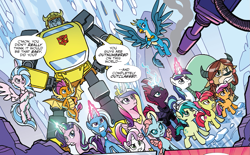 Size: 1491x926 | Tagged: safe, artist:tonyfleecs, idw, apple bloom, gallus, ocellus, princess cadance, sandbar, scootaloo, shining armor, silverstream, smolder, starlight glimmer, sweetie belle, tempest shadow, trixie, yona, alicorn, changedling, changeling, classical hippogriff, dragon, earth pony, griffon, hippogriff, pony, unicorn, yak, g4, spoiler:comic, spoiler:friendship in disguise, spoiler:friendship in disguise04, autobot, bumblebee (transformers), crossover, cutie mark crusaders, decepticon, female, filly, male, shockwave, student six, transformers