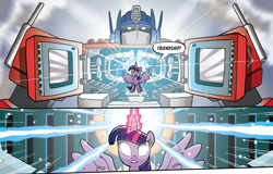 Size: 1988x1275 | Tagged: safe, artist:tony fleecs, idw, twilight sparkle, alicorn, pony, robot, g4, spoiler:comic, spoiler:friendship in disguise, spoiler:friendship in disguise04, autobot, crossover, female, male, matrix of leadership, optimus prime, the touch, transformers, twilight sparkle (alicorn), white eyes