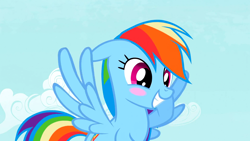 Size: 1920x1080 | Tagged: safe, screencap, rainbow dash, pegasus, pony, g4, the mysterious mare do well, blush sticker, blushing, cute, daaaaaaaaaaaw, dashabetes, floppy ears, flying, grin, hnnng, smiling, wings