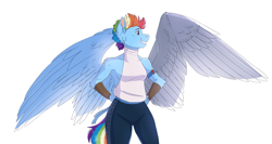 Size: 5883x3134 | Tagged: safe, artist:shimazun, rainbow dash, anthro, fanfic:my little pony: the unexpected future, the cutie re-mark, alternate timeline, amputee, apocalypse dash, armor, artificial wings, augmented, badass, cheek fluff, clothes, commission, crystal war timeline, female, frown, glare, prosthetic limb, prosthetic wing, prosthetics, simple background, solo, white background, wings