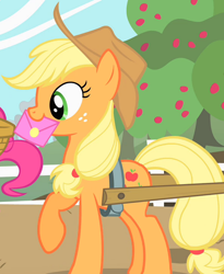 Size: 884x1080 | Tagged: safe, screencap, applejack, pinkie pie, earth pony, pony, g4, party of one, apple, apple tree, cart, cropped, cute, envelope, female, jackabetes, mare, tree
