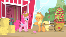 Size: 1920x1080 | Tagged: safe, screencap, applejack, pinkie pie, earth pony, pony, g4, party of one, apple, cart, female, food, hay bale, mare
