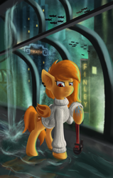 Size: 2389x3765 | Tagged: safe, artist:qbellas, oc, oc only, oc:pumpkin spice, bat pony, pony, bioshock, high res, looking at you, rapture, solo