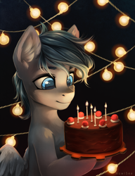 Size: 1919x2500 | Tagged: safe, artist:inowiseei, oc, oc only, oc:lonepegasus, pegasus, pony, birthday cake, black forest cake, cake, food, male, portal (valve), solo, stallion, the cake is a lie