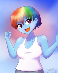 Size: 800x1000 | Tagged: safe, artist:empyu, rainbow dash, equestria girls, g4, alternate hairstyle, breasts, busty rainbow dash, cute, cute little fangs, fangs, haircut, open mouth, short hair, solo, uzaki hana, uzaki-chan wants to hang out!