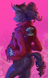 Size: 3189x5197 | Tagged: safe, artist:sourcherry, king sombra, unicorn, anthro, g4, amputee, ass, butt, clothes, colored horn, curved horn, cyberpunk, dock, horn, jacket, leather, leather jacket, leather pants, looking at you, mole, pants, prosthetic limb, prosthetics, solo, sombra horn