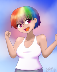Size: 800x1000 | Tagged: safe, artist:empyu, color edit, edit, editor:michaelsety, rainbow dash, equestria girls, g4, alternate hairstyle, breasts, busty rainbow dash, cute, cute little fangs, fangs, haircut, human coloration, light skin edit, open mouth, short hair, skin color edit, solo, uzaki hana, uzaki-chan wants to hang out!