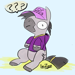 Size: 2048x2048 | Tagged: safe, artist:datzigga, oc, oc only, oc:ice pack, pony, zebra, baseball cap, cap, clothes, confused, fanart, hat, high res, hoodie, male, question mark, sitting, solo