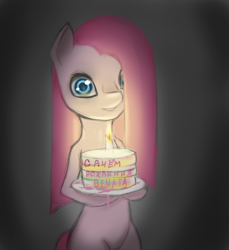 Size: 1100x1200 | Tagged: safe, artist:ashesdarkpony, pinkie pie, earth pony, pony, g4, adoracreepy, bipedal, birthday, birthday cake, cake, creepy, cute, cyrillic, female, food, hair over one eye, pinkamena diane pie, russian, solo