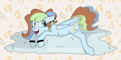 Size: 1598x798 | Tagged: safe, artist:yashathebasher, oc, oc only, pegasus, pony, cloud, female, freckles, lying down, prone, solo