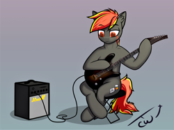 Size: 2988x2226 | Tagged: safe, alternate version, artist:colourwave, oc, oc only, oc:deafjaeger, earth pony, pony, semi-anthro, arm hooves, cyber eyes, earth pony oc, gift art, guitar, happy birthday!, high res, male, musical instrument, sitting, solo