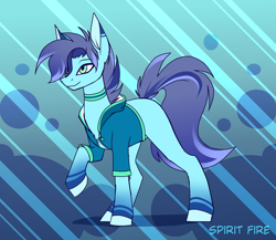 Size: 2300x2000 | Tagged: safe, artist:celes-969, oc, oc only, oc:lin, earth pony, pony, abstract background, clothes, high res, hoodie, male, raised hoof, smiling, solo, stallion