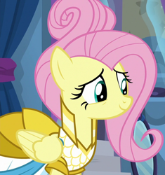 Size: 1284x1367 | Tagged: safe, screencap, fluttershy, pony, fake it 'til you make it, g4, clothes, cropped, cute, dress, female, mare, shyabetes, solo, warrior of inner strength, warriorshy