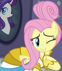 Size: 1202x1385 | Tagged: safe, screencap, fluttershy, pony, fake it 'til you make it, g4, clothes, cropped, dress, female, mare, one eye closed, rarity for you, solo, warrior of inner strength, warriorshy, wink
