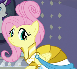 Size: 1548x1387 | Tagged: safe, screencap, fluttershy, pony, fake it 'til you make it, g4, clothes, cropped, dress, female, mare, rarity for you, solo, warrior of inner strength, warriorshy