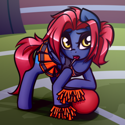 Size: 1819x1819 | Tagged: safe, artist:jetwave, oc, oc only, oc:heat sink, pegasus, pony, ball, buckball field, candy, cheerleader, cheerleader outfit, clothes, commission, eyeshadow, female, food, leaning, lollipop, makeup, mare, midriff, pegasus oc, pom pom, skirt, solo, sports bra, tank top, wings