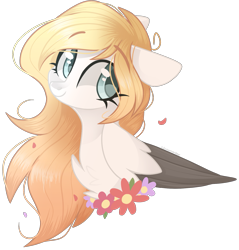 Size: 1593x1668 | Tagged: safe, artist:cinnamontee, oc, oc only, pegasus, pony, chest fluff, female, flower, mare, simple background, smiling, solo, transparent background