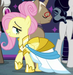 Size: 1048x1085 | Tagged: safe, screencap, bracer britches, fluttershy, snow hope, pegasus, pony, fake it 'til you make it, g4, clothes, cropped, dress, female, lidded eyes, male, mare, rarity for you, solo focus, stallion, warrior of inner strength, warriorshy