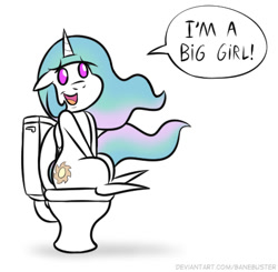 Size: 435x426 | Tagged: safe, artist:banebuster, princess celestia, alicorn, pony, series:tiny tia, g4, but why, open mouth, pointy ponies, potty, potty time, potty training, simple background, sitting on toilet, solo, speech bubble, toilet, wat, white background
