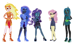 Size: 6720x3920 | Tagged: safe, artist:lightningsentry1, daybreaker, fluttershy, nightmare moon, nightmare rarity, queen chrysalis, equestria girls, g4, absurd resolution, alternate hairstyle, armor, boots, bracelet, choker, clothes, crown, dress, equestria girls-ified, eyeshadow, female, flats, flutterbat, gloves, headband, helmet, high heel boots, high heels, jewelry, lipstick, makeup, mary janes, open mouth, race swap, regalia, ripped stockings, shoes, siblings, simple background, sisters, skirt, transparent background
