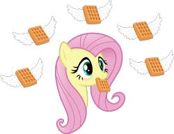 Size: 3870x2967 | Tagged: safe, artist:anime-equestria, fluttershy, pegasus, pony, g4, blushing, cute, female, food, happy, high res, mare, mouth hold, shyabetes, simple background, solo, transparent background, vector, waffle, waffleshy, wings