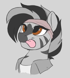 Size: 1002x1118 | Tagged: safe, artist:crimmharmony, oc, oc only, pony, zebra, bust, clothes, female, gray background, headband, quadrupedal, shirt, simple background, smiling, solo, tongue out, zebra oc