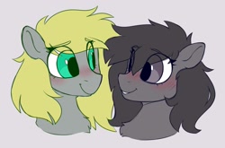 Size: 1872x1236 | Tagged: safe, artist:crimmharmony, oc, oc only, pony, blushing, bust, chest fluff, duo, eye clipping through hair, eyebrows, eyebrows visible through hair, female, lesbian, looking at each other, shipping, simple background, smiling, white background