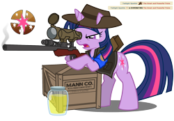 Size: 1622x1131 | Tagged: safe, artist:nikkikitty44, twilight sparkle, pony, unicorn, g4, blu team, box, crate, crossover, female, gun, implied trixie, jar, jarate, mare, open mouth, optical sight, pee in container, rifle, simple background, sniper, sniper (tf2), sniper rifle, solo, team fortress 2, transparent background, twilight sniper, unicorn twilight, urine, weapon