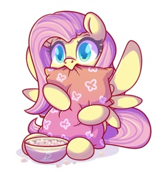 Size: 1123x1200 | Tagged: safe, artist:wavecipher, fluttershy, pegasus, pony, biting, bowl, colored pupils, cute, food, hug, pillow, pillow hug, popcorn, scared, shyabetes, solo, ych example, your character here