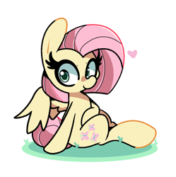 Size: 2000x2011 | Tagged: safe, artist:kindakismet, fluttershy, pegasus, pony, g4, alternate hairstyle, colored pupils, cute, female, grass, high res, mare, short mane, shyabetes, simple background, sitting, smiling, solo, spread wings, white background, wings