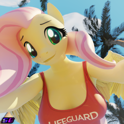 Size: 2160x2160 | Tagged: safe, artist:shadowboltsfm, fluttershy, pegasus, anthro, plantigrade anthro, g4, 3d, blender, breasts, busty fluttershy, clothes, eyelashes, female, high res, lifeguard, lifeguard fluttershy, looking at you, looking down, looking down at you, offscreen character, one-piece swimsuit, palm tree, pov, smiling, swimsuit, tree