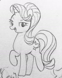 Size: 1386x1734 | Tagged: safe, artist:ch-chau, starlight glimmer, pony, unicorn, g4, female, lidded eyes, looking at you, mare, monochrome, open mouth, raised hoof, sketch, smiling, solo, traditional art