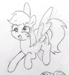 Size: 1597x1724 | Tagged: safe, artist:ch-chau, derpy hooves, pegasus, pony, g4, blush sticker, blushing, cute, female, flying, mare, monochrome, open mouth, sketch, solo, spread wings, traditional art, wings