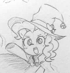 Size: 1462x1527 | Tagged: safe, artist:ch-chau, pinkie pie, earth pony, pony, cape, clothes, cute, diapinkes, female, hat, mare, monochrome, open mouth, raised hoof, sketch, smiling, solo, traditional art, witch hat